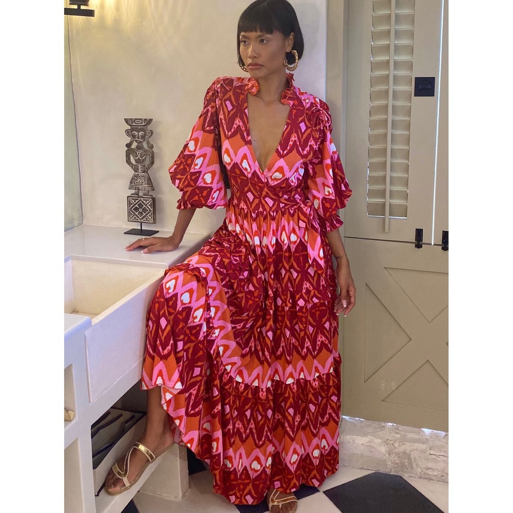Feather & Find Maxi Kaiema Dress Womens XS Mother Wisdom Red Pink Ikat Boho Luxe